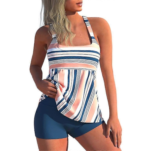 Randig Tankini Bikini Set för Damer med Push Up och Vaddering Blue 4XL
