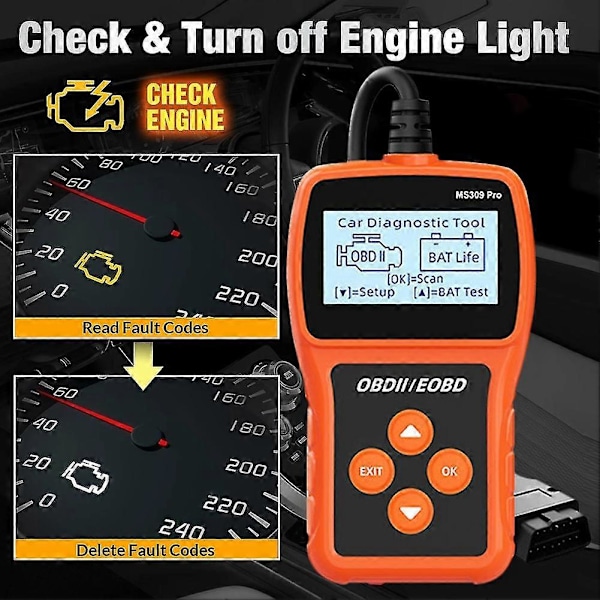 Ms309pro Obd2 Scr Auton Vikakoodin Moottorin Tarkastaja 2,4 Tuuman Lcd-näytöllä
