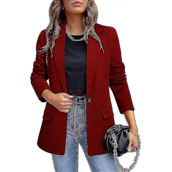 Dame Business Jakker Åpen Front Blazer Damer Casual Langermet Arbeidsklær Claret XL