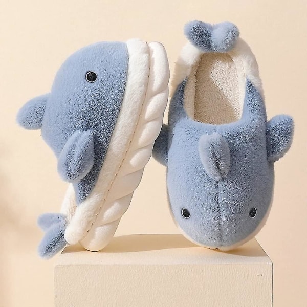 Bløde Plys Hvalhaj Fuzzy Hjemmesko 4 cm Høje Såler Til Kvinder Mænd, Vinter Kunstpels Søde Dyr Par Matchende Hjemmesko Blue EUR44-45