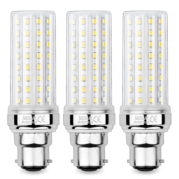 20W LED Majslampor, Motsvarar 150W Glödlampa, 2300lm, 3000K Varmvit, B22 Bajonettlampor, 3 Stycken