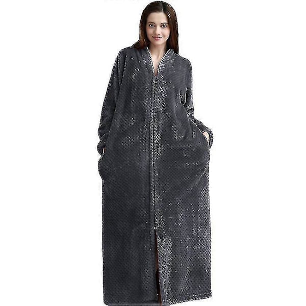 Badrock med dragkedja för damer, flanellfleece, vintervarm morgonrock, nattlinne grey M