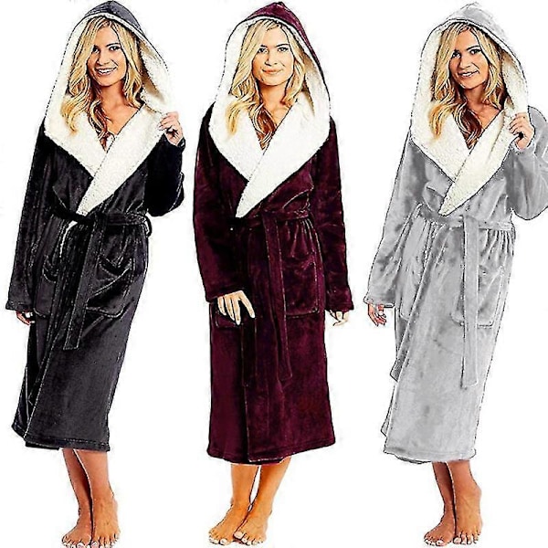 Dame Morgenkåbe med Hætte, Lang Dame Badekåbe med Hætte i Blød Fleece Purple 2XL