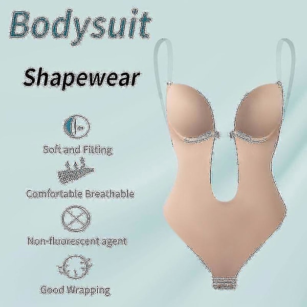Dame Rygfri Bodysuit Shapewear U Dyb Udskæring Sømløs G-streng Dyb V-hals Body Shaper Til Bryllup-5 Beige XL(38)
