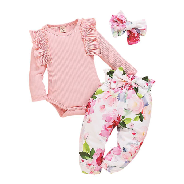 Baby Girl Volanger Långärmad Jumpsuit Topp + Blommiga byxor Set pink 0-3 months