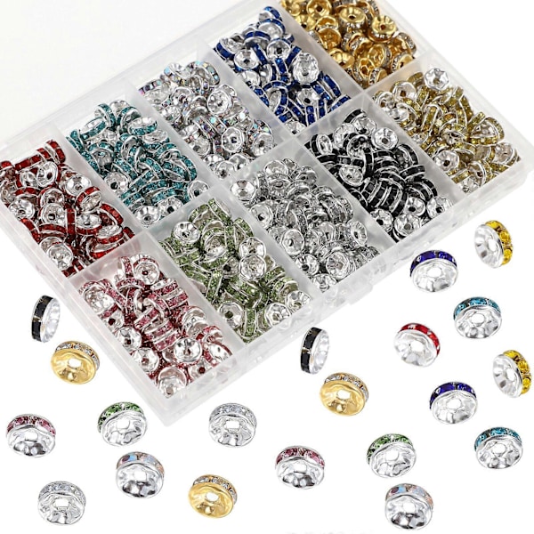 700 stk./pakke Rondelle Perler Farverige Rhinestone Spacer Perler Flade Runde Løse Perler til Smykkedekorationer