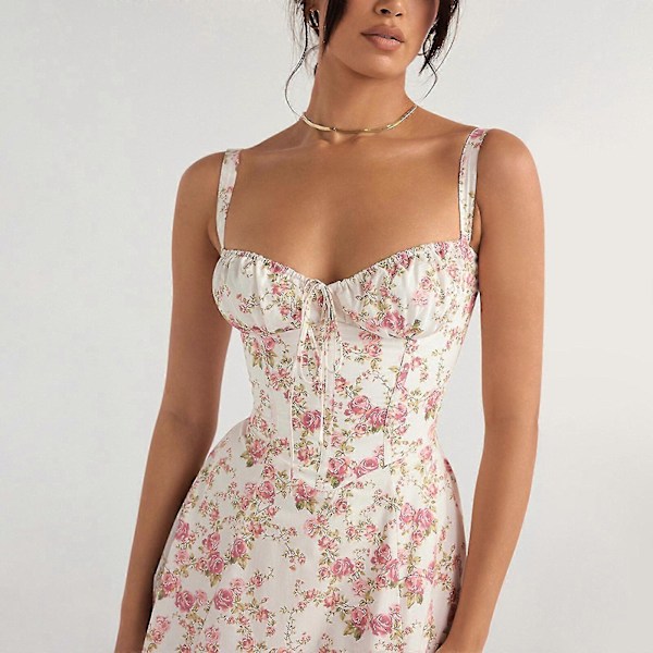 Dame Sommer Blomstret Rygløs Maxikjole Sexet Ærmeløs Lavt Skåret Kjole Bodycon Spaghetti Strop Lang Kjole, 40% Rabat Pink L