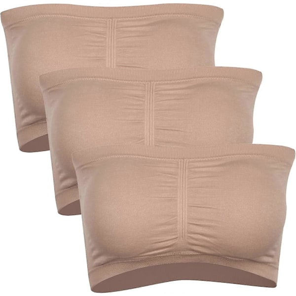 3 Pakker Stroppeløse BH-er for Kvinner, Dame Bandeau BH, Polstret Sømløs Crop BH Myk Komfort Trådløs Bralette Beige L