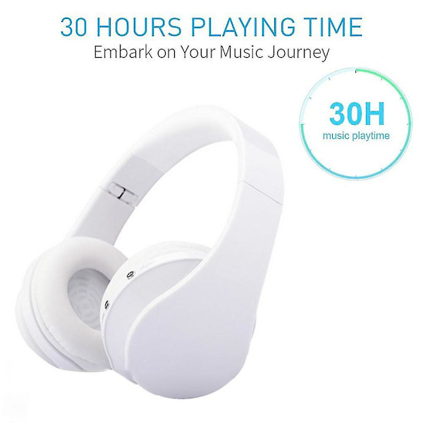 Trådlösa Bluetooth-hörlurar, Over Ear-headset med mikrofon, hopfällbara och lätta, MP3-läge och FM-radio för mobiltelefoner, bärbara datorer och TV White