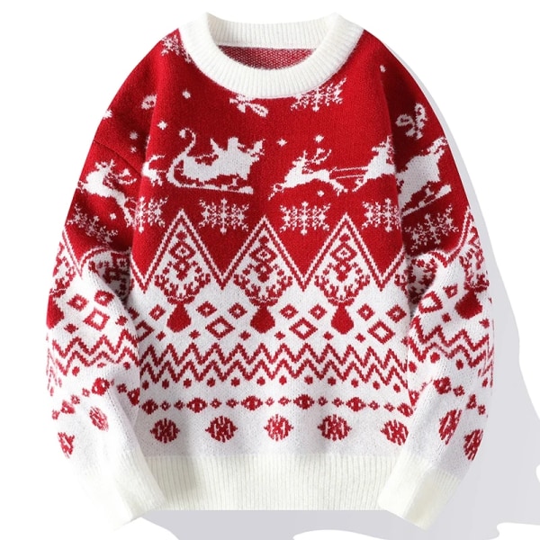 Par Crewneck Jul och nyår Stil Pullover Trend Tröja Färg Kontrast Jacquard Lös Casual Stickat Streetwear Red Asia 2XL 70-75kg