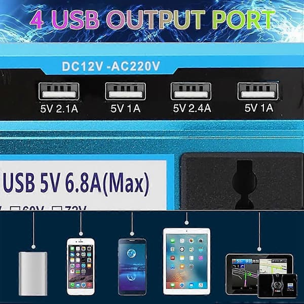 5000W Solcelle Bil Strømomformer 4 USB-lader DC 12V til AC 220V Spenningstransformator Adapter Lading