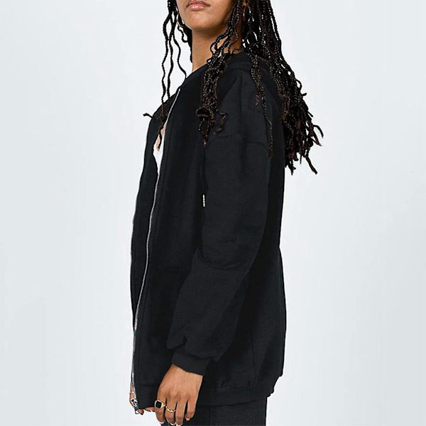 Dame Ensfarvet Afslappet Hættejakke Langærmet Fuld Lynlås Snøre Hættetrøjer Frakke Black 2XL