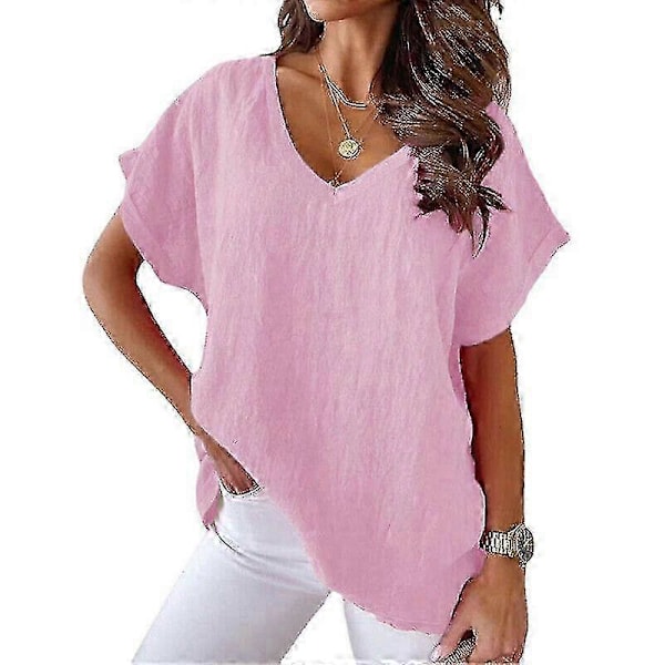 Dame Bomuld Linned Tunika Toppe Kvinder V-Hals T-Shirt Løs Bluse Plus Størrelse P20211224421 pink L
