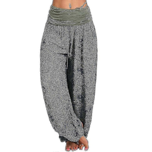 Bohemiska Haremsbyxor för Kvinnor med Paiey-tryck, Gypsy Ali Baba Yoga Palazzo, Lösa Hippiebyxor, Bloomers med Smockresår i Midjan Army Green S