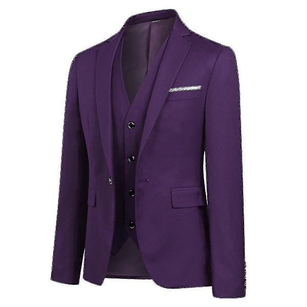 Miesten Puku Business Casual 3-osainen Puku Bleiseri Housut Liivi 9 Väriä Purple M