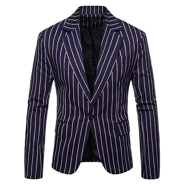 Stripete Slim Lapel Casual Blazer med Én Knapp for Menn Navy Blue 2XL