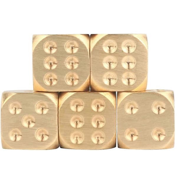 5 stk. 15x15mm Polyedriske terninger i solid messing, klubb, bar, brettspill, festutstyr