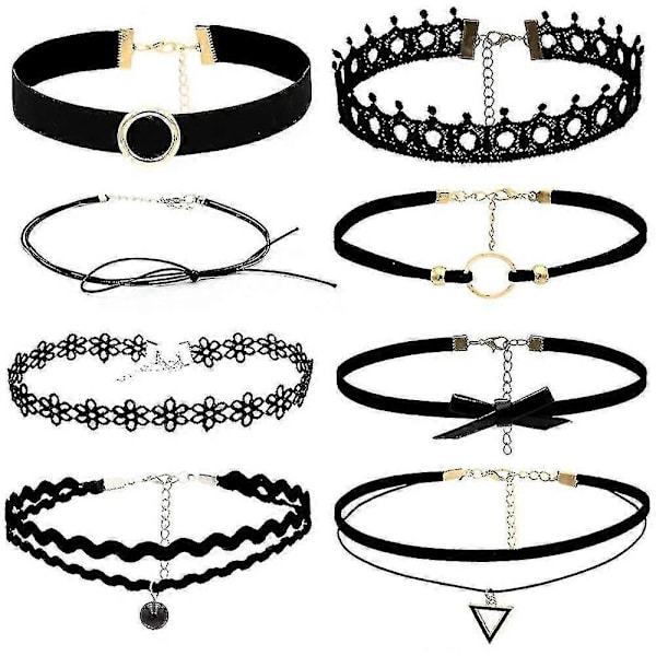 Choker Halskæde Sort 8 Stk Fløjl Chokers Sort, Sort Klassisk Gotisk Choker