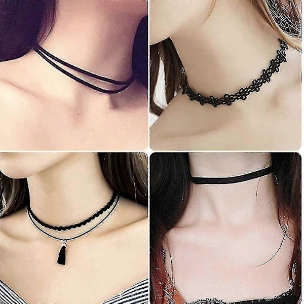 Choker-kaulakoru Musta 8 kpl Samettichokerit Musta, Musta Klassinen Goottilainen Choker