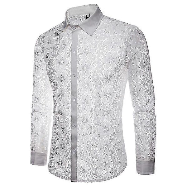 Herre Lapel Sexy Blonde Skjorte Gjennomsiktig Langermet Nattklubb Festskjorter White XL
