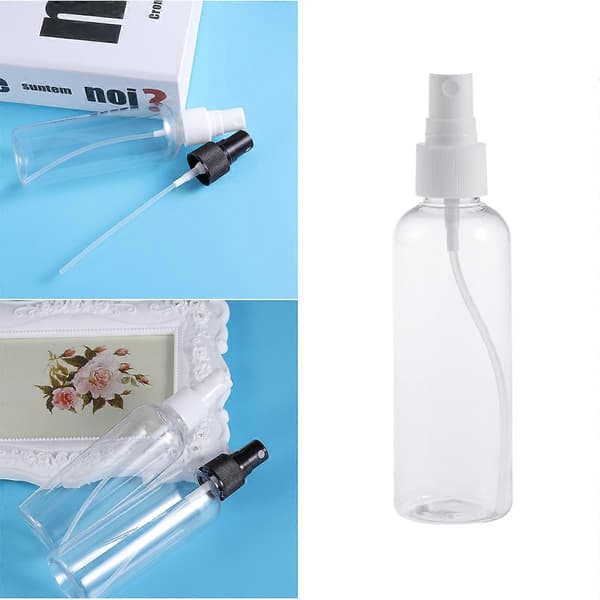 4 st 100 ml tomma sprayflaskor i plast för smink och hudvård, påfyllningsbara för resor (Transparenta flaskor med vit spray)