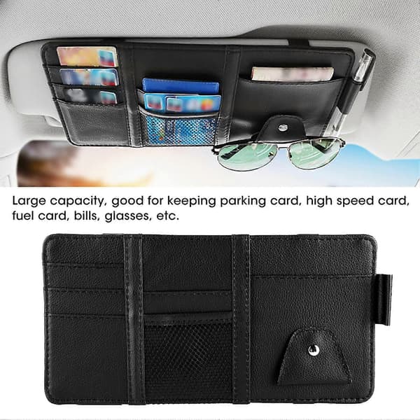 Bil Solskærm Kort Regning Organizer Brille Klips PU Læder Multifunktionel Opbevaringspose Sort