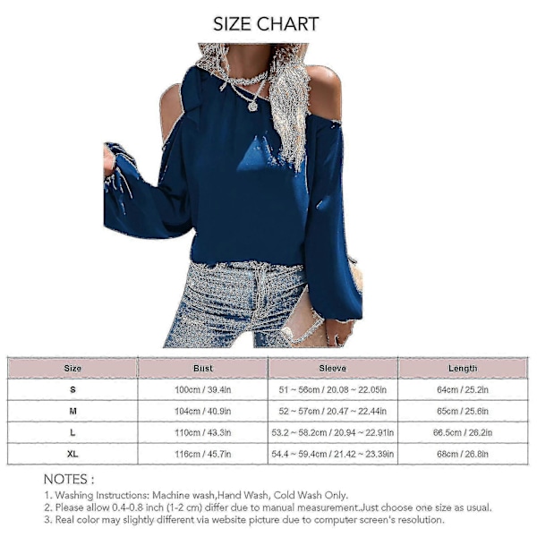 Dam Topp Cold Shoulder Knytblus Enfärgad Lykta Ärm Elastisk Manschett Chiffong Elegant Casual Blus Skjorta Navy Blue L