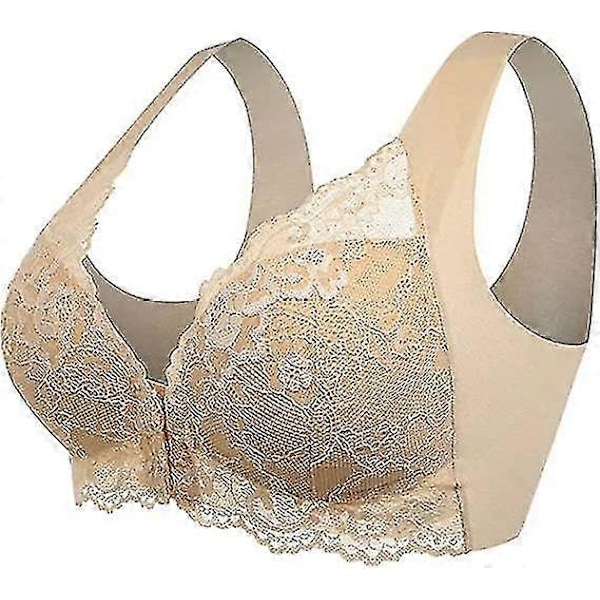 Dam Plus Size Frontknäppning Spets Hållningskorrigerande BH Bekväm Sömlös Full Coverage BH Khaki L