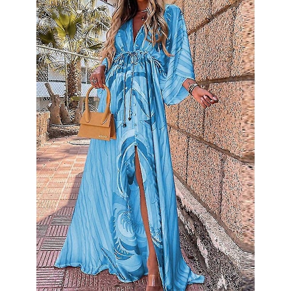 Sommar Maxi Klänning För Kvinnor Boho Tryck Bikini Överdrag Strandklänning Sexig Blommig Tunika Lång Klänning Baddräkt Vestido Feminino dark blue XXXL