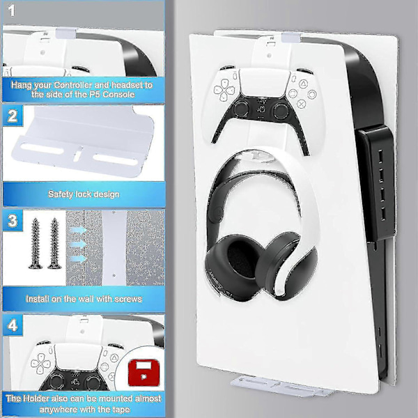 PS5 Veggfeste Brakett For Playstation 5 (disk Og Digital Utgave) Robust Stål Med Kontrollerholder Hodetelefonhenger Skruer Svamp Hvit
