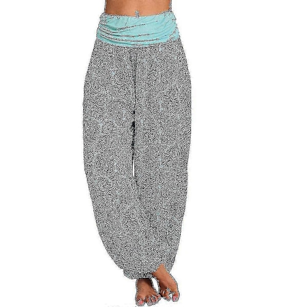 Bohemiska Haremsbyxor för Kvinnor med Paiey-tryck, Gypsy Ali Baba Yoga Palazzo, Lösa Hippiebyxor, Bloomers med Smockresår i Midjan Sky Blue 2XL