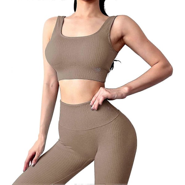 Yoga Outfits Träningsset för Kvinnor 2 Delar Ribbade Sömlösa Yoga Outfits Sport-BH och Leggings Set