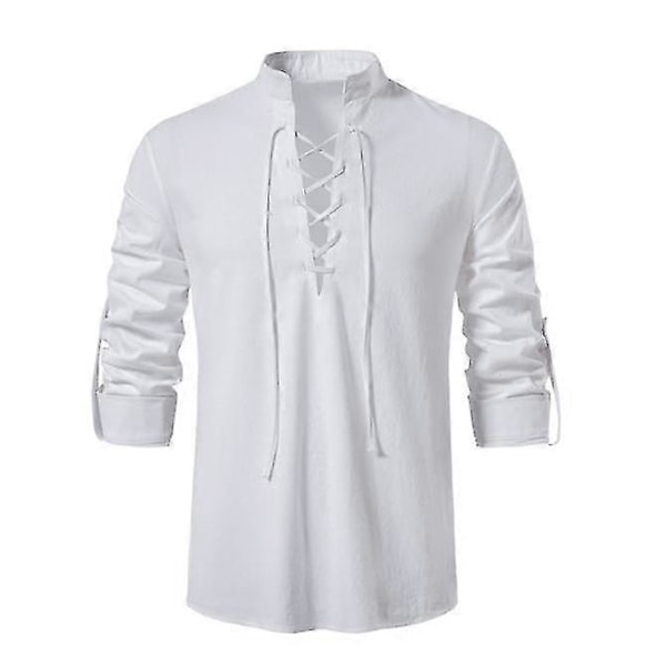 Miesten Henry-paita, pitkähihainen, puuvilla-pellava, rento, pystykaulus White XL