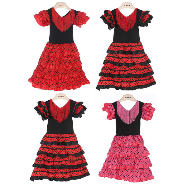 Tjejklänning Vacker spansk flamencodansarkostym Barn Red Black Frills L(8-10 Y)