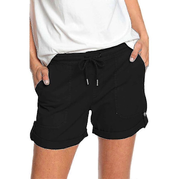 Dame Sommer Elastisk Talje Snøre Cargo Shorts Med Lommer Korte Bukser Black S