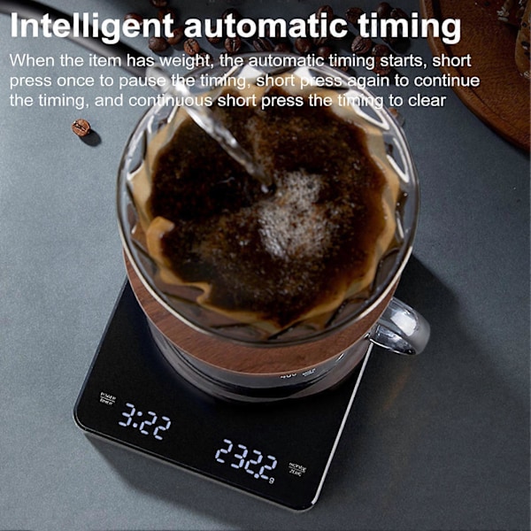 Digitaalinen kahvivaaka ajastimella, LED-taustavalaistu näyttö, taaraustoiminto, erittäin tarkka anturi, 0,1 g tarkkuus, 3 kg/0,1 g espressovaaka suodatinkahville ja tippakahville