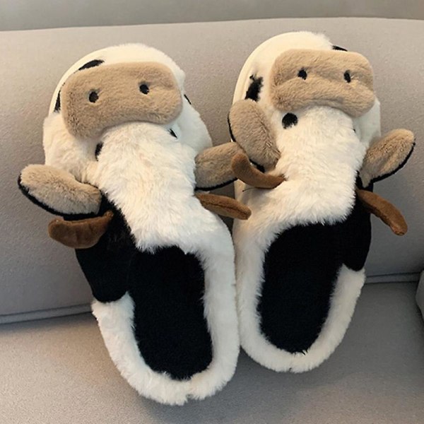 Fuzzy Ko-tofflor Söta Varma Bekväma Bomullsskor Djurformade Tofflor Slip-on För Kvinnor Flicka Vinter Cow Cotton Mop Package 38 39inner Length23.5cm
