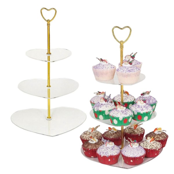 Hjärtformad Akryl Tårtställ 3 Våningar Cupcake Display Elegant Runt Tårtfat för Desserter Bröllop Födelsedagar