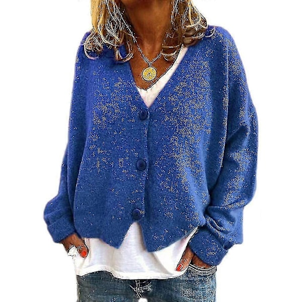 Damtröja Stickad Casual V-ringad Enfärgad Kofta Blue S