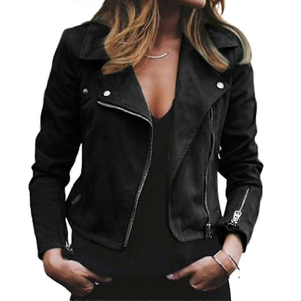 Dame Lynlås Bikerjakke Cropped Langærmet Revers Frakke Casual Slim Fit Kort Overtøj Black XL