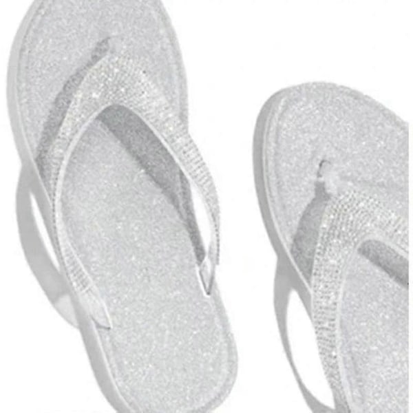 Naisten Rhinest Glitter Litteät Sandaalit Slip On Sls Ranta Varvastossut Silver 38