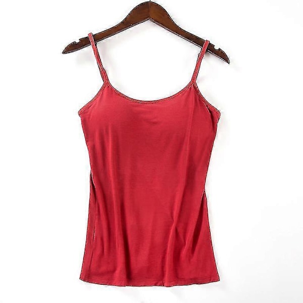 Dame Polstret Blød Casual BH Tank Top Dame Spaghetti Cami Top Vest Dame Camisole Med Indbygget BH Red M