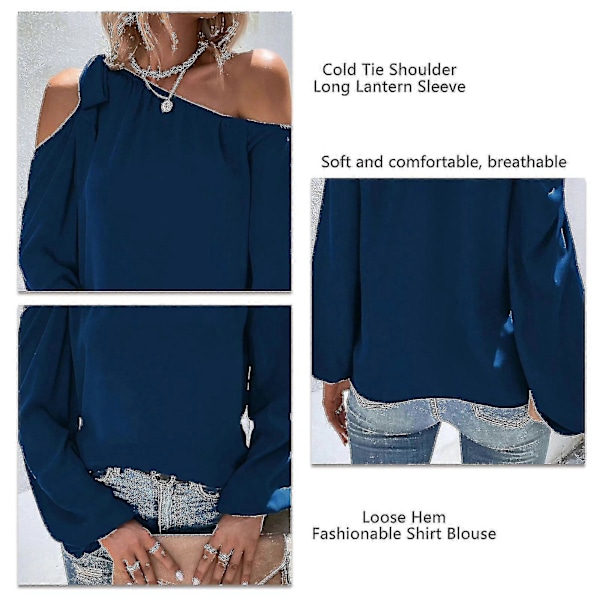 Naisten toppi, avoimet olkapäät, solmittava rusetti, yksivärinen, lyhtymäiset hihat, joustavat hihansuut, sifonki, tyylikäs, rento pusero Navy Blue M