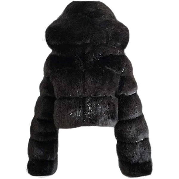 Tekoturkis Takki Naiset Hupulla Lyhyt Bubble Takki Fleece Lämmin Takki Naisten Takit Large Black