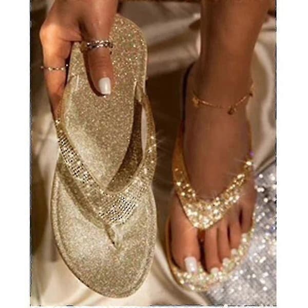 Glittriga platta slip-on tofflor med strass för damer, strandtofflor Silver 43