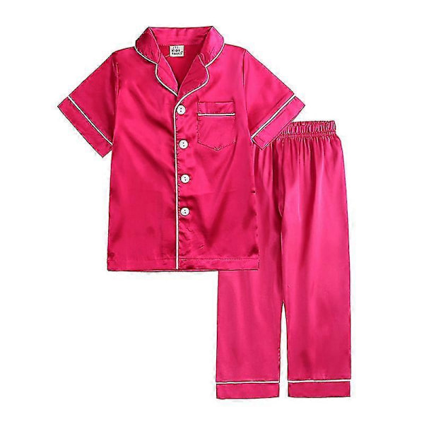 Barn Småbarn Baby Flicka Pojke Satin Pyjamas Set Lång Kort Ärm Knäppning Pyjamasskjorta Topp+byxor Underdelar Sovkläder Outfits Style B Rose Red 1-2 Years