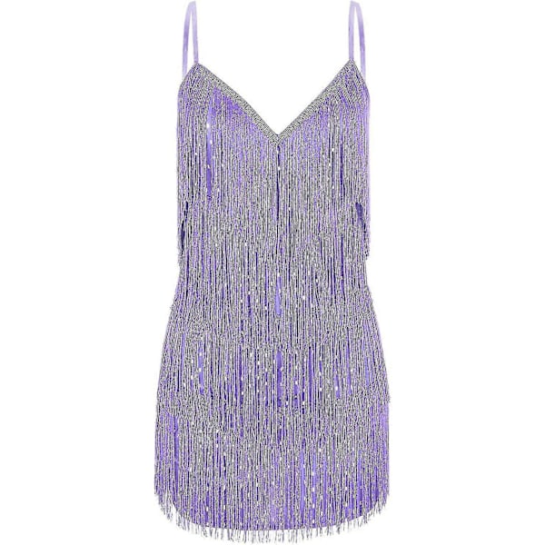 Cocktailklänningar för Kvinnor Sexig Djup V-ringning Heltäckande Fransar Spaghettiband Klänning Paljetter Fjäder Bal Festklänning 4-purple X-Small