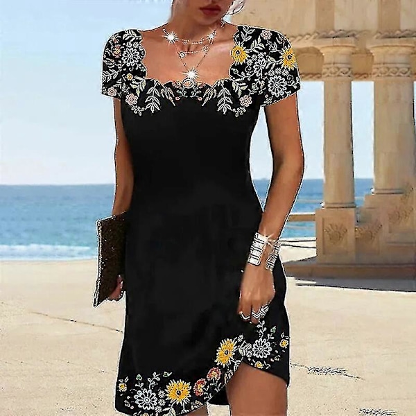Dam A-linje Mini Klänning Kortärmad T-shirt Klänningar Casual Resor Sommar Strand Klänning Black 3XL