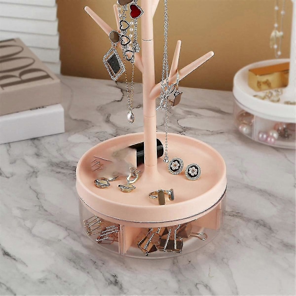 Gren Jewelry Stativ Med Drejelig Bund Og Opbevaringsboks Træ Tårn Stativ Hængende Organizer, Pink