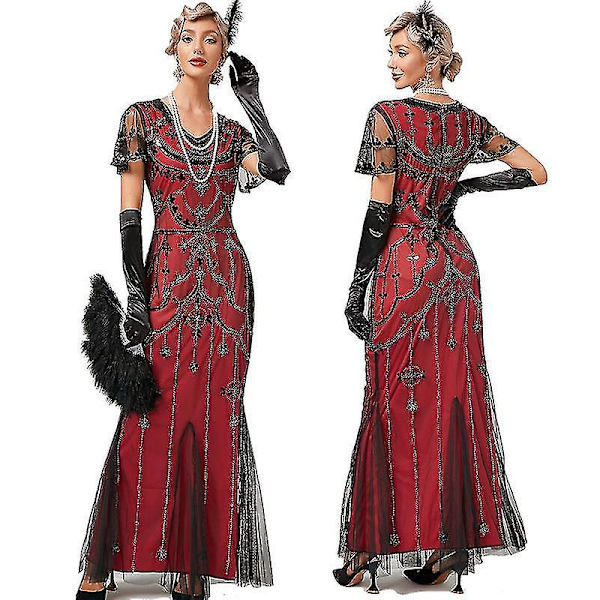 Halloween Kjoler 1920-talls Perlebroderi Paljett Vintage Lang Kjole Mote Kortermet Brudepikekjoler Pluss Størrelse Luksus Bankett Aften Nyttårskjole Hig XL